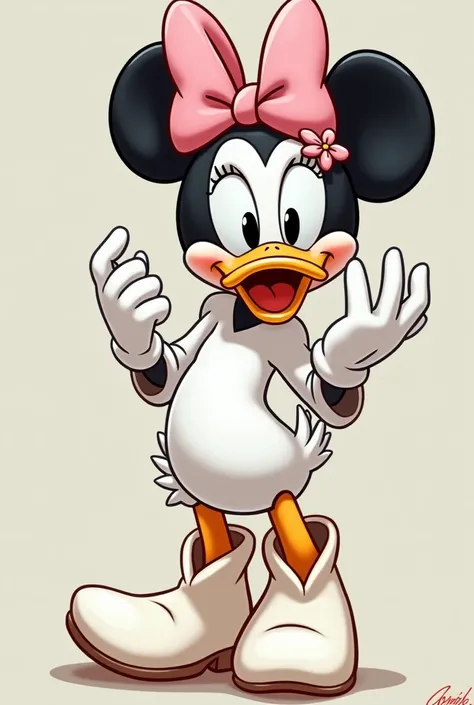 Cartoon style, Daisy Duck, white body, seductive, sexy eyes, nude, white cowgirl boots with pink flower, Mickey Mouse fucks her doggy style