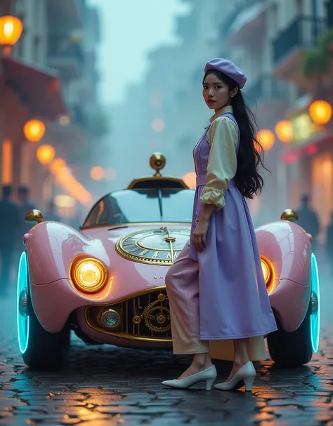 A charming steampunk inspired scene where a very beautiful Korean woman wearing a Korean fashion beret hat wearing a lavender and cream coat leans against a sleek, pastel-hued car that combines Victorian aesthetics with advanced technology. The car, in a m...