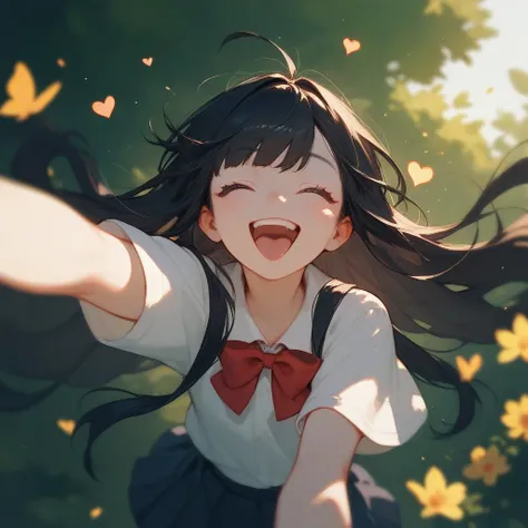 A cute high school girl with long black hair is laughing to her hearts content and looking happy