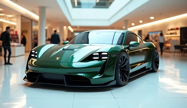 Photo Of The front side View Of A  dark Green 2025 Porsche taycan With A Sleek Full Modified Modern Design.The Display Logo Of The Car Is Parked On A White Surface.The Background Is A Shopping Mall With White Lights.The Photo Reveals The Luxurious Interior...