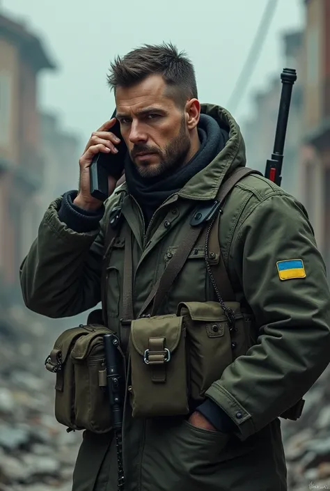 A man in Ukraine who is waging a war and who talks to his family on a mobile phone 