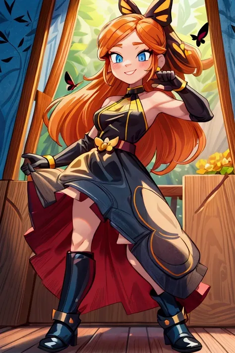 "Masterpiece, best quality, 1 girl, orange long hair, ponytail in hair, blue eyes, standing indoors with intricate details and sunlight. black and yellow frilled dress with short neckline, black gloves, black butterfly belt, earrings, black boots. Sweet sm...