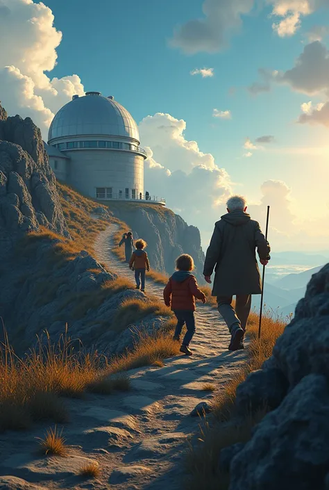 modern day old astronomer climbing up a rocky hill towards his observatory with his 20 year old female assistant and his 20 year old male grandson