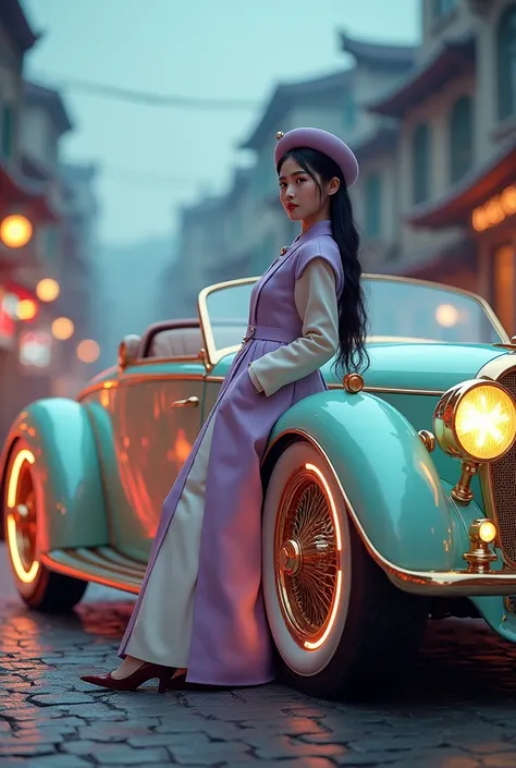 A charming steampunk inspired scene where a very beautiful Korean woman wearing a Korean fashion beret hat wearing a lavender and cream coat leans against a sleek, pastel-hued car that combines Victorian aesthetics with advanced technology. The car, in a m...