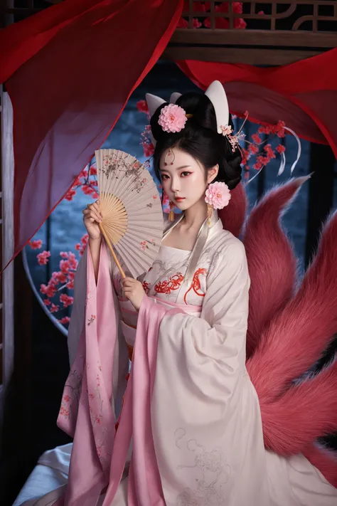 穿着粉色连衣裙的Nine-Tailed Fox狐女人， holding a fan and a pink flower in her hands, Hanfu, palace ，  girl in Hanfu, Dressed in ancient Chinese costumes ,  white Hanfu, 穿着古老的 Chinese Clothes , ancient Chinese Princess,  Chinese Clothes ,  beautiful fantasy queen , In...