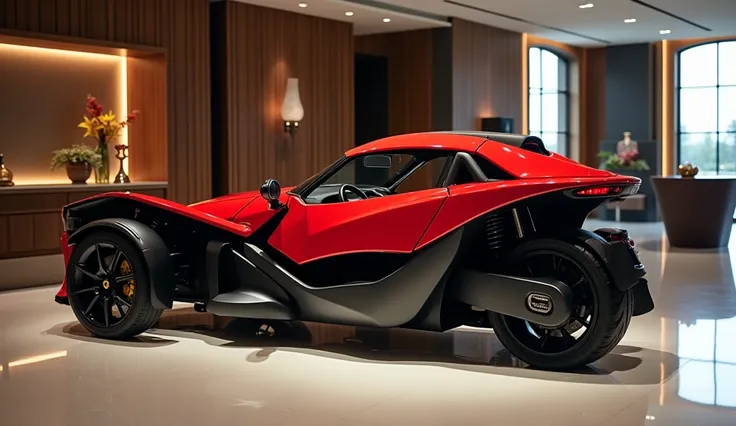 2025 can Am - Ryker left side view in red colour in luxury showroom 