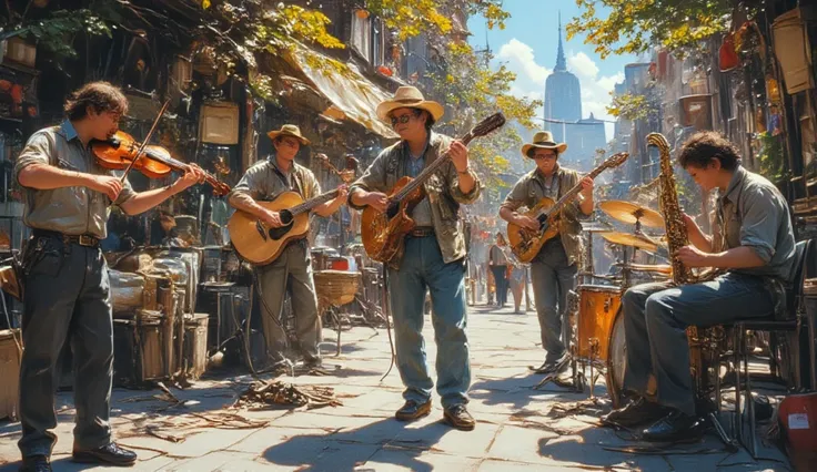 a quartet of musicians: one plays the violin, one plays the guitar, one plays the saxaphone and one plays the drums. They play passionately. Summer, a sunny day in the center of the old town. Oil painting in the style of Monet