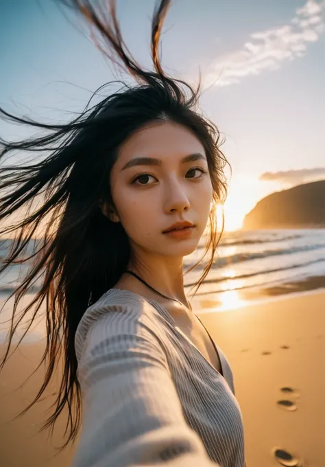 xxmix_girl,a woman takes a fisheye selfie on a beach at sunset, the wind blowing through her messy hair. The sea stretches out behind her, creating a stunning aesthetic and atmosphere with a rating of 1.2.