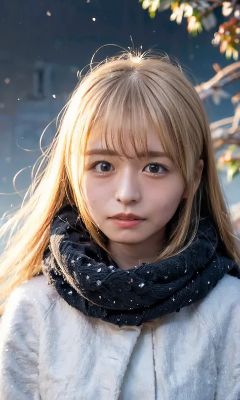 (   staring at something、Diamond dust flutters、クリーム色のhair、  Heavy snowfall area    、  Its snowing 、   blue eyes、   blue eyes、white winter clothes   、  watching the night sky in frigid regions  、Im wearing a fluffy red scarf、  her breath is white expression...