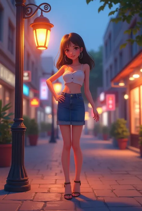 A radiant 18-year-old teenage girl in a 3D anime-inspired style standing under a glowing streetlight on a quiet urban street, wearing a strapless crop top paired with a low-waisted denim skirt and heeled sandals. Her pose is confident yet graceful, with on...