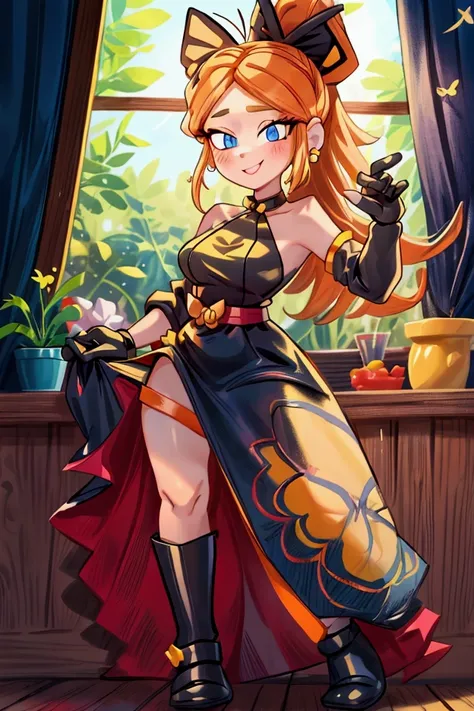 "Masterpiece, best quality, 1 girl, orange long hair, ponytail in hair, blue eyes, standing indoors with intricate details and sunlight. black and yellow frilled dress with short neckline, black gloves, black butterfly belt, earrings, black boots. Sweet sm...