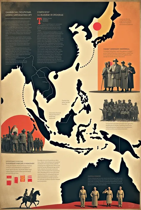 Art posters, Aesthetically pleasing contrasts are layered on the background., illustrating the concepts of colonialism and imperialism, focusing on the experiences of Southeast Asian countries, including the Philippines. Highlight key historical events, st...