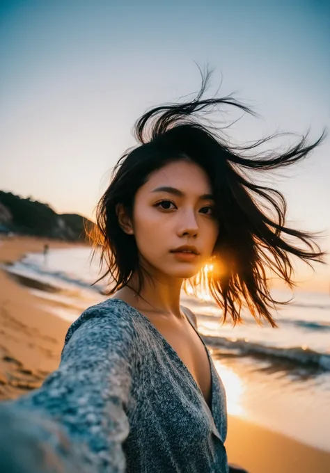 xxmix_girl,a woman takes a fisheye selfie on a beach at sunset, the wind blowing through her messy hair. The sea stretches out behind her, creating a stunning aesthetic and atmosphere with a rating of 1.2.