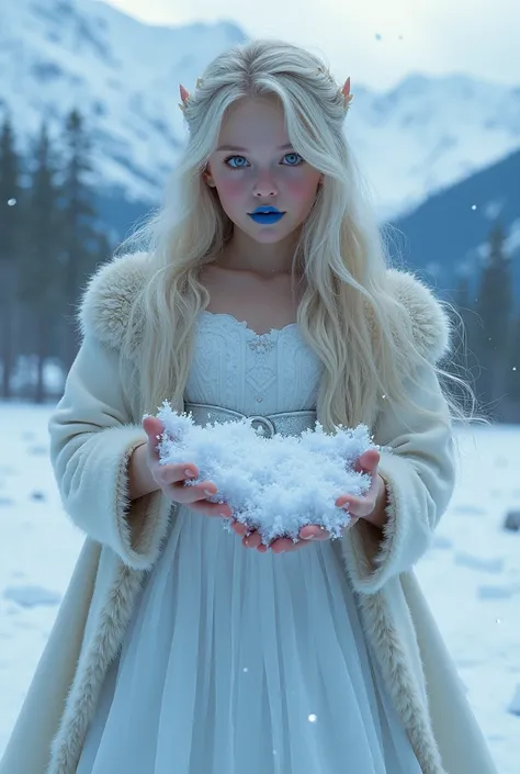  Create an image The girl stands smiling a little but frowning,  long blond hair , White eyes, blue lips  ,  in a snow-white ball gown with a belt and fur coat  ,  behind the mountain with snow ,  magic snow in her hand  