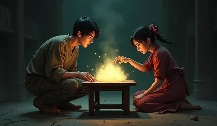 "Photograph of a dimly lit room, with a small wooden table at the center. Xiao and LiAn are standing around it, their expressions intense as they inspect a strange, glowing substance on the table. Xiao, wearing his worn brown tunic and simple leather shoes...