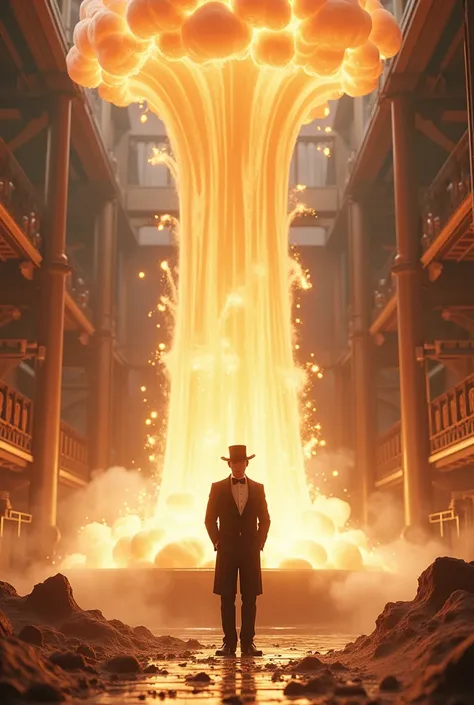 (masterpiece:1.2, UHD, best quality,  highres icon), Chocolate Factory ,  White chocolate fountain ,  fountain is erupting ,  chocolate magma blowing high,  Surprised ren ,  factory manager in a tailcoat in a silk hat 