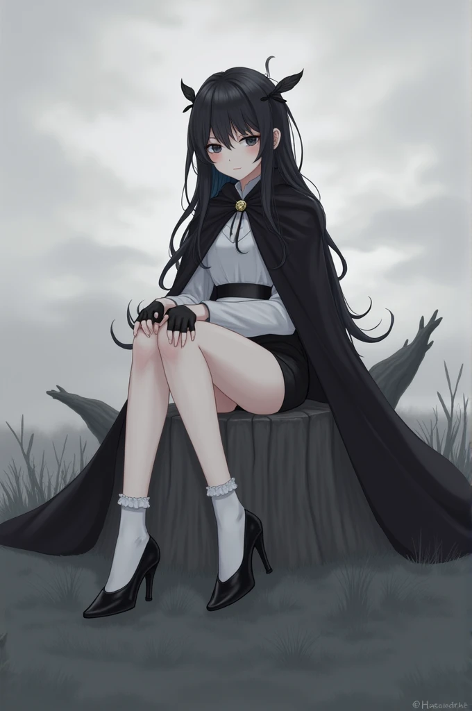 girl,  long black hair ,  black eyes, pale skin,  short white blouse with a black cape, black flick,  knee-length white socks ,  black gloves,  three black feathers on each temple ,  black high heels with a feather on each side,  Genshin Impact Vision Pyro...