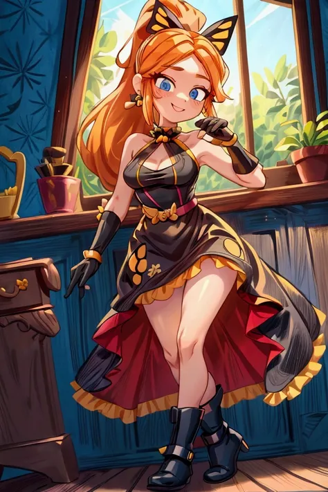 "Masterpiece, best quality, 1 girl, orange long hair, ponytail in hair, blue eyes, standing indoors with intricate details and sunlight. black and yellow frilled dress with short neckline, black gloves, black butterfly belt, earrings, black boots. Sweet sm...