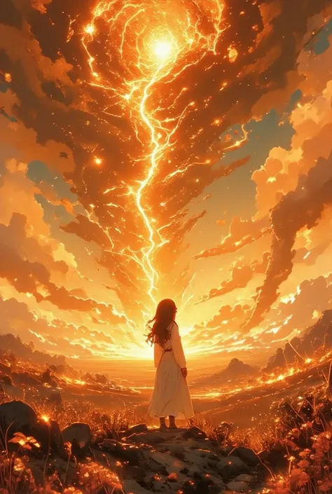 1girl standing at sun surface. looking huge solor tornado.focus on solar tornado. close-up of solar tornado.polar vortex.at ground, there is Solar flare, Solar spicule,solar prominence,Solar plage ,solar corona,coronal loops,dark filament,chromosphere,Sola...