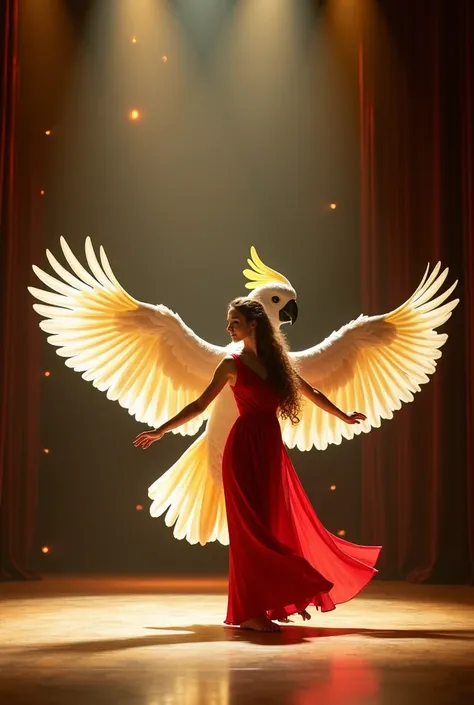 "On a grand stage, a beautiful girl with long flowing hair, dressed in an elegant red gown, dances gracefully. She moves in perfect harmony with a giant white parrot, its massive wings spread wide, shimmering with an ethereal glow. The parrot’s wings mirro...