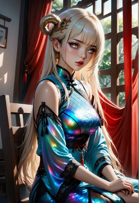 (masterpiece, aesthetic, detailed eyes, realistic), 1girl, mahiru shiina, angel next door spoils me rotten, Long smooth straight golden hair, inner dark iridescent hair, iridescent eyes, aesthetic physique, sitting in chair in chinese clothes, super detail...