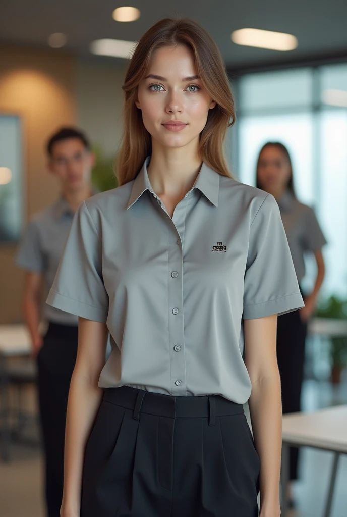  Round neck uniforms in neutral tones ,  like gray or white , with a small embroidered logo on the chest .  The background is a modern and organized office.