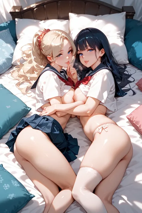 Several women in white school uniforms in sexy poses, bigboobs, harem, cushions, lots of light