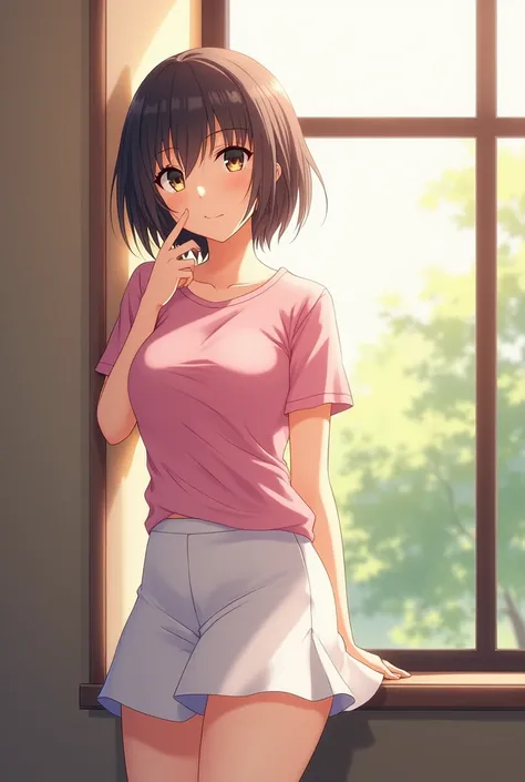 Anime mature girl with pink shirt and white short flared skirt. She has medium breast and short hair. She is leaning her against on the window and looking to the camera at morning.