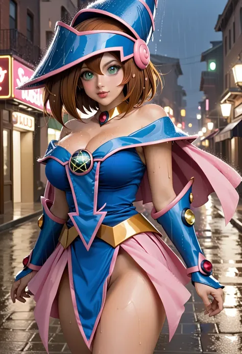 (masterpiece, best quality, very aesthetic, ultra detailed), intricate details, 4k, aadmg, medium side-parted bob hair, brown hair, hat, thicc milf body, blue headwear, green eyes, blush stickers, large breasts, choker, bare shoulders, cleavage, blue mini ...