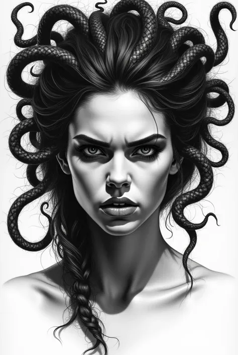 Anger Kendell Jenner face with medusa hair drawing for tattoo black and white realistic without eyes