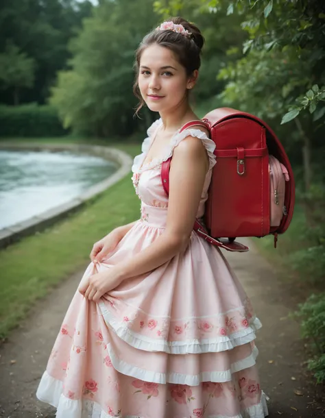 Masterpiece, hd, realistic, best quality, 1girl, a girl in a pink dress, wearing pink floral chiton, beautiful pink , brown hair, wearing a pink dress, dressed in a pink dress, small  girl, Traditional Attire, in a fancy dress, frilly outfit, wearing beaut...