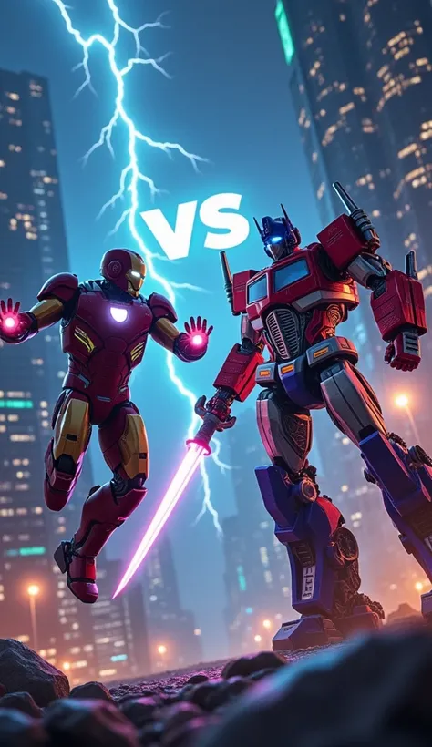 A futuristic cityscape at night becomes the battleground for Iron Man and Optimus Prime. Iron Man, in his latest nano-tech suit, hovers with repulsor beams aimed, his arc reactor glowing brilliantly. Optimus Prime, towering over the battlefield, brandishes...