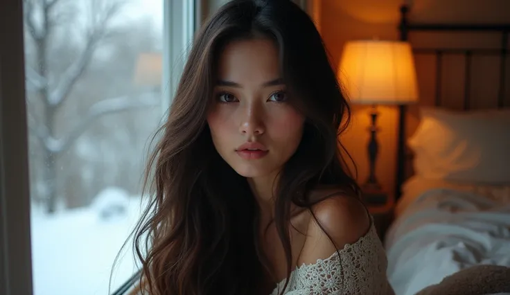 ( Photorealism:1.2),   Beauty ,  long hair , I&#39;interior,  soft lighting , A  ,  Details are complicated ,  warm shades, Dark Eyes, 18 years old , Winter Background 