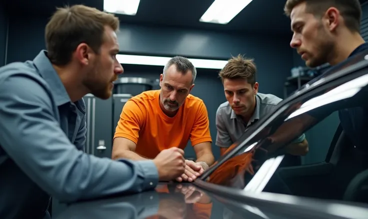 a men who is wearing a orange t-shirt is teaching how to install color paint protection film for a car to two people.  the background is a premium detailing shop with dark and clean mood. 