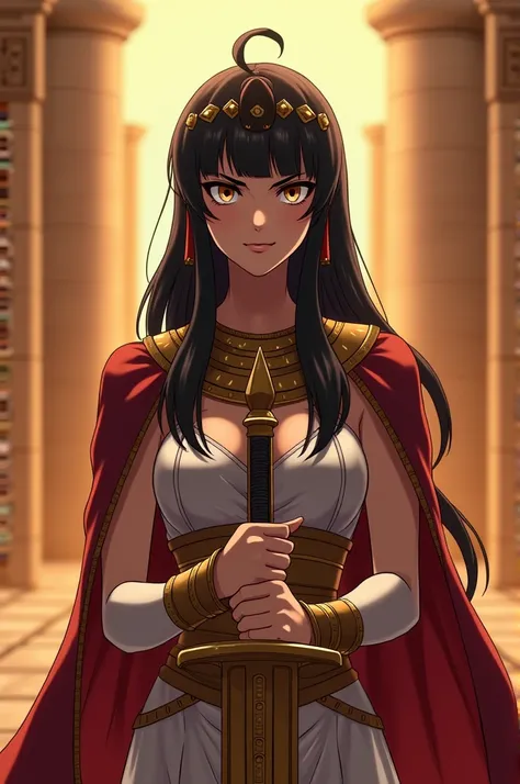  top quality,  Highest Masterpiece,  highest resolution，（Cleopatra）， (Saber_Fate), （Egyptian temple_background），Angry expression， Woman Holding a Sword，armor， Anime Style, （4K）, Alone， ((whole body)) ，  looking at camera,  Hyper Details , ( intricate detai...