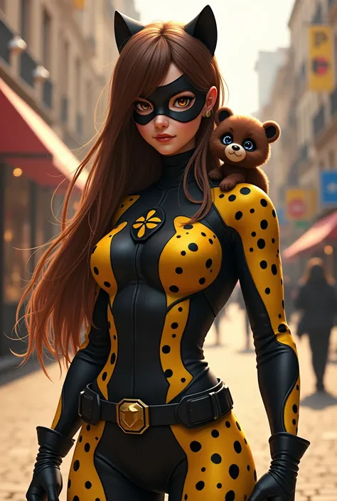 
Create a super heroine costume in the guise of a cheetah . Zachowaj estetykę z bajki miracolous biedronka i Czarny kot. The girl has a brown bear, long, proste włosy,  brown eyes and the outfit is to resemble a cheetah and have a mask on the face. The col...