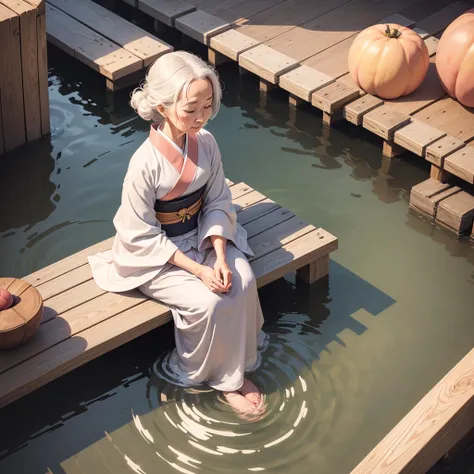 A very simple line art illustration of an elderly woman in a plain kimono, sitting by a flowing river with a round wooden tub. A single large peach floats nearby. The background has just a few curved lines to suggest the riverbank.