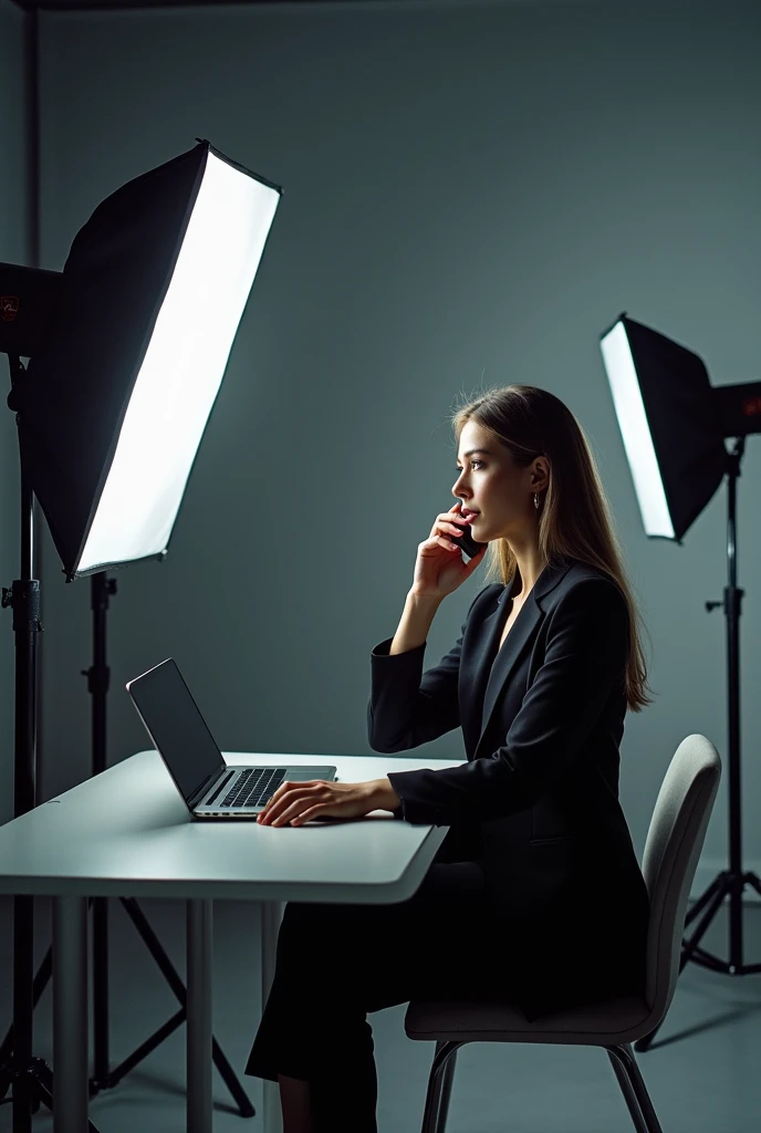 sitting in a photographic studio talking on a mobile phone