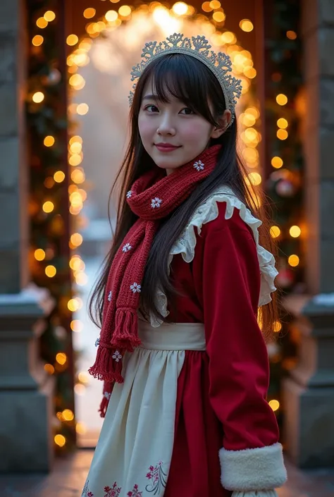 ultra-realistic, photorealistic, dramatic scene, shadow, global-illumination, solo, (20 years old Japanese famous idol girl:1.5), very beautiful fragile Japanese girl, very beautiful with very cute but boyish cool face, (traditional maid, face focus, woole...