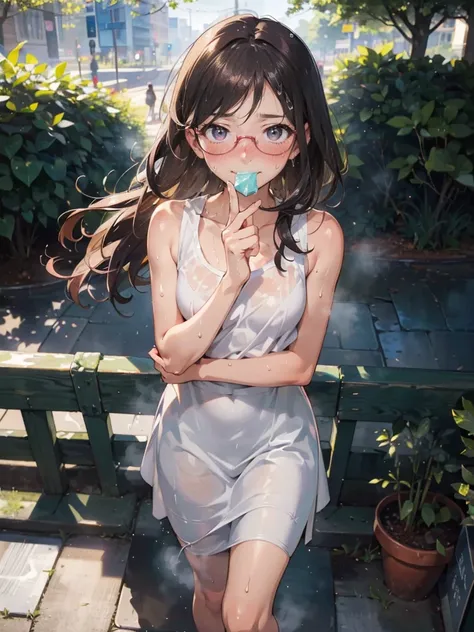 Anime - Illustration of a woman in sleeveless white T-shirt, ultra micro white skirt:1.5, anime character, official character art, neat and serious, full body, female anime girl, Posing:1.5, dark long hair, parted bangs, glasses, (Tanned:1.0), Looking at c...