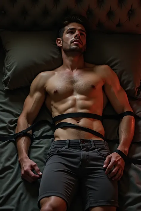 Christian grey as a gay submissive bottom tied to the bed shirtless, no pants, no underwear 