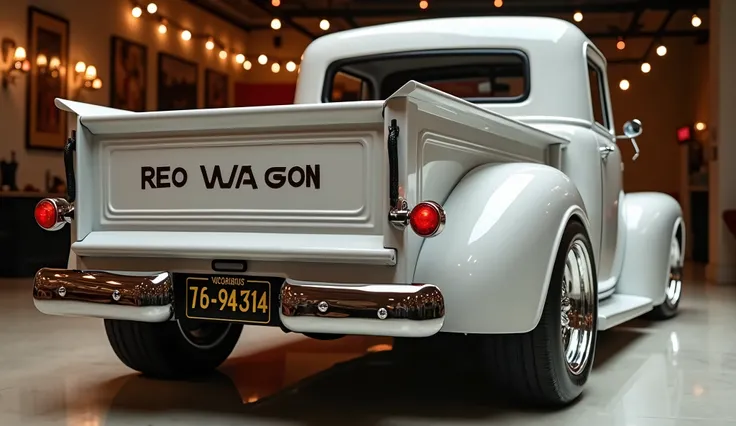 "A back side view of a vintage 1953 REO Speed Wagon pickup truck in an HD luxurious showroom setting. The truck features a Red, shiny polished exterior with a modified back design. The rear includes a custom number plate with REO Wagon written on it and th...