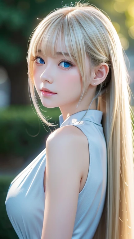  Portraits、uniform、Bright expression、 ponytail、若い shiny白い shiny肌、Great looks、 Blonde Reflections 、 platinum blonde hair with highlights 、 shiny明るい髪、、Smooth、Super long、 straight hair、 shiny、美しいbangs、 sparkling crystal clear charming big super bright pale bl...