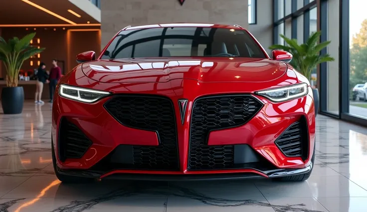 "Imagine a 2025 Pontiac GTO in a striking, glossy red color parked inside a high-end car showroom. The car features a bold, modern design with sleek, aerodynamic lines, an aggressive front grille, and futuristic LED headlights. The showroom is spacious and...