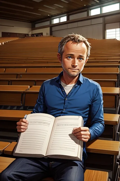 Brent Spiner: Billy Boyd: A student takes notes in a crowded lecture hall.






