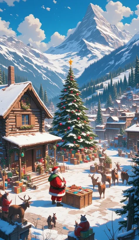 （masterpiece、high quality、High resolution、detailed、８k、16k)、 Santa Claus Village、Cute log house house 々、 A mountain of Christmas gifts in the center of the square 、 Santa and the reindeer gather to discuss、Enjoying Christmas、Big Christmas tree behind、snow、D...