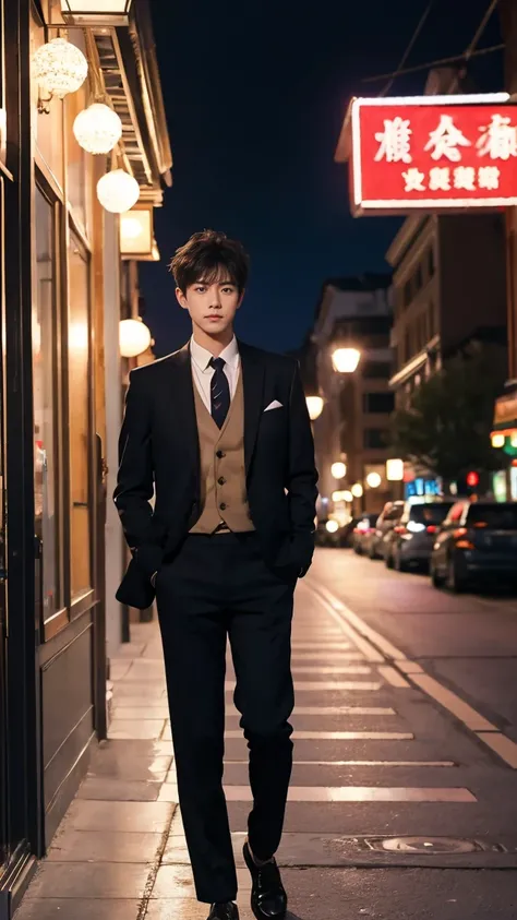 A boy，Standing在商店门口， stand in a proper suit for the rest of their lives ，Black trousers，Canvas shoes， long legs，Wolf boys ，Handsome， are overbearing with the coffee shop in the background，Christmas atmosphere， atmosphere under the stars，Valentine&#39;s Day...