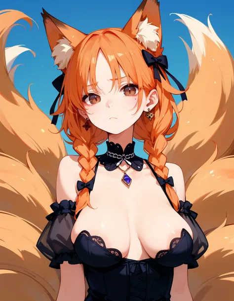 score_9,score_8_up,score_7_up, masterpiece,ultra-detailed CG illustration,top quality, best quality, 1girl,slit pupils,sagging breasts,breasts apart,multiple braids,fox ears,double-parted bangs,multiple tails,orange hair,brown eyes,two-tone eyes,hair flaps...