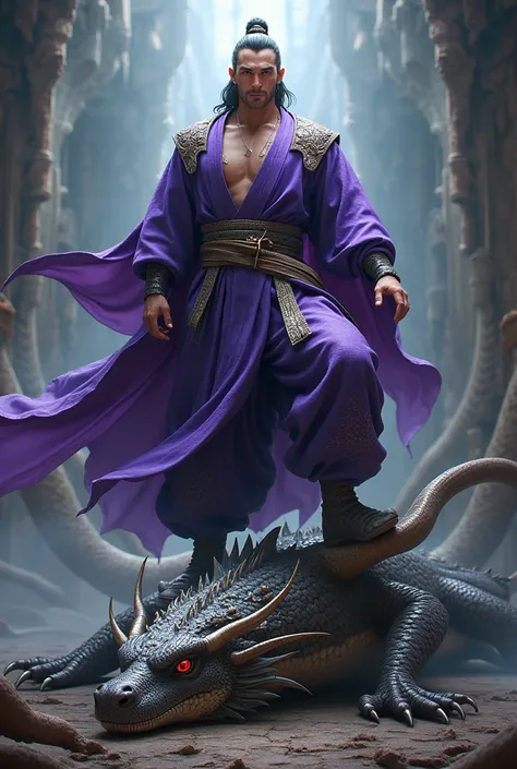 A dashing man wearing a purple kimono is standing  , with one foot stepping on the head of a giant dragon snake lying face down on the ground