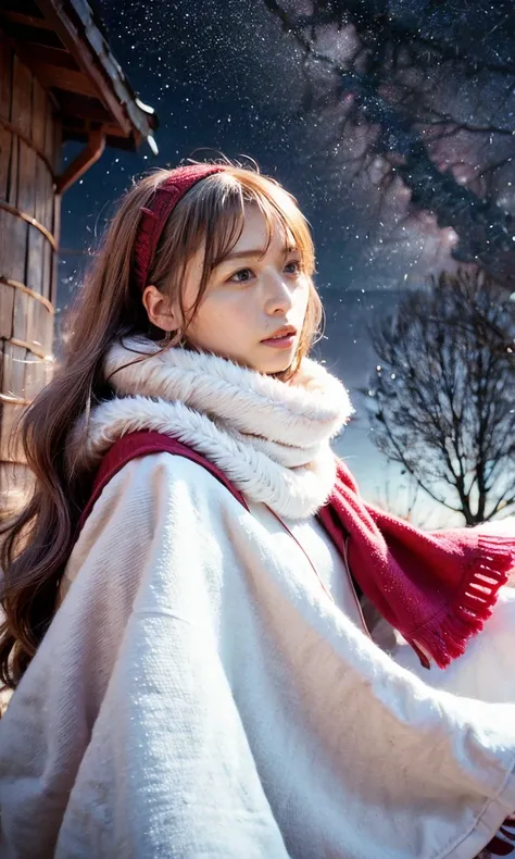 (   staring at something、Diamond dust flutters、クリーム色のhair、  Heavy snowfall area    、  Its snowing 、   blue eyes、   blue eyes、white winter clothes   、  watching the night sky in frigid regions  、Im wearing a fluffy red scarf、  her breath is white expression...